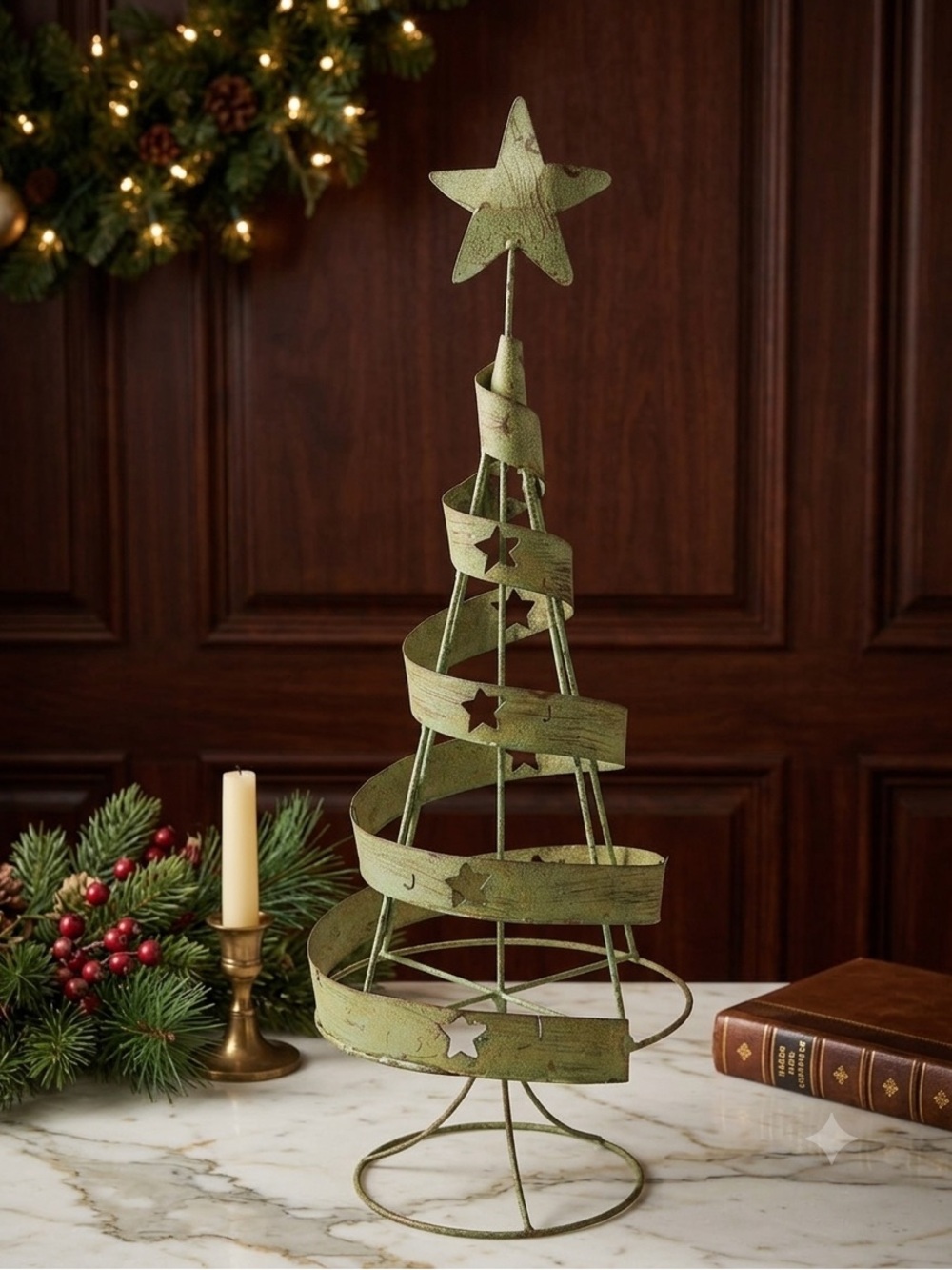 🌸 Hand Crafted Recycled Metal Green Spiral Tabletop Christmas Tree - Small